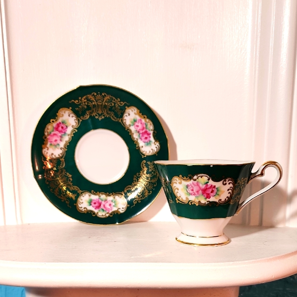 Elegant Green Floral Teacup and Saucer Set